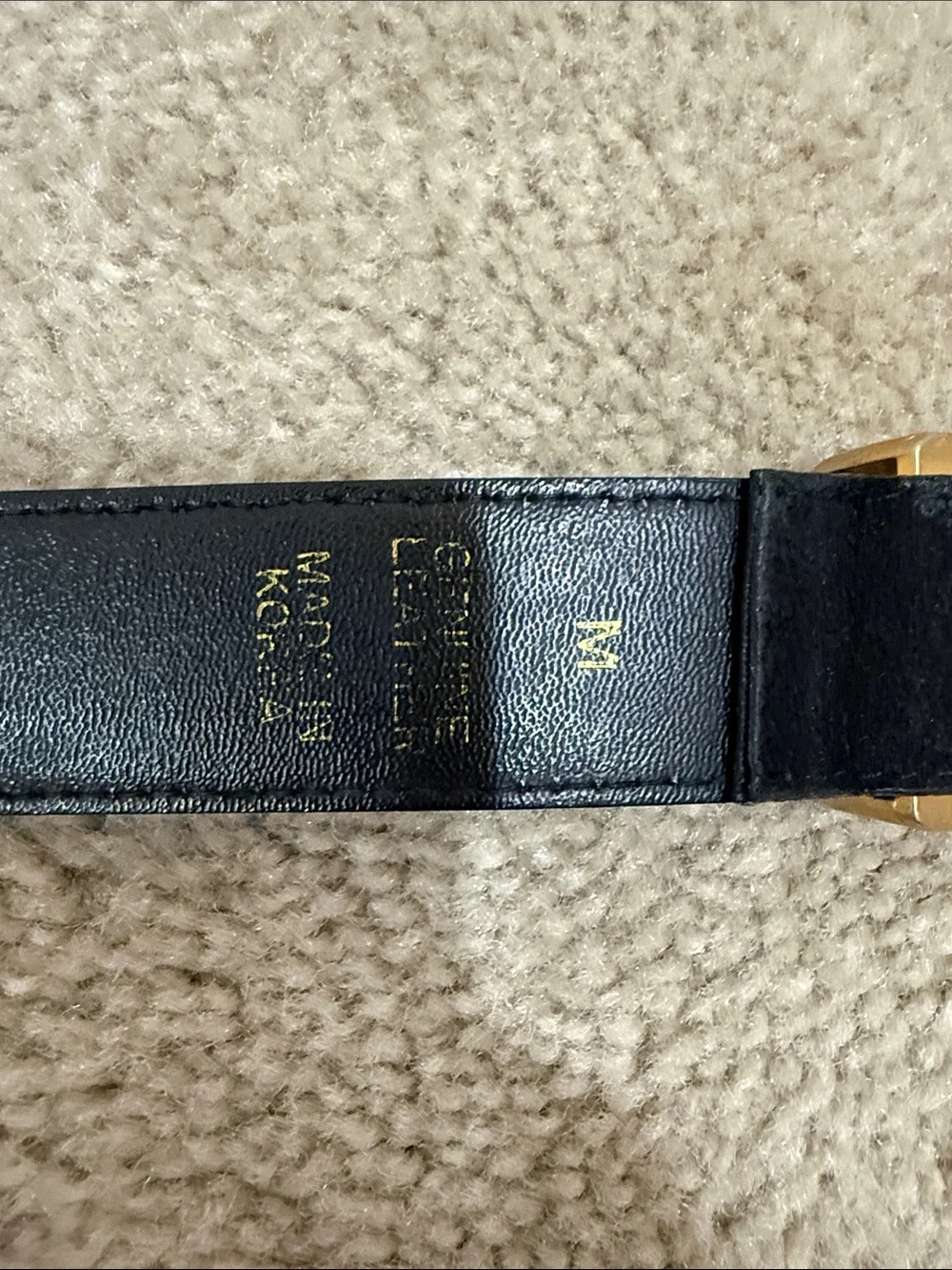 Express Black Leather Belt with Embossed Gold Buckle
